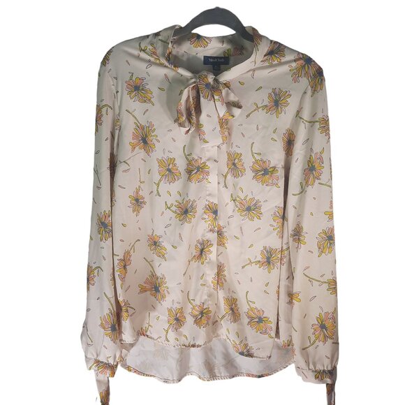 Modcloth 70's Inspired Floral Long Sleeve Blouse with Ties at Neck - Picture 1 of 12